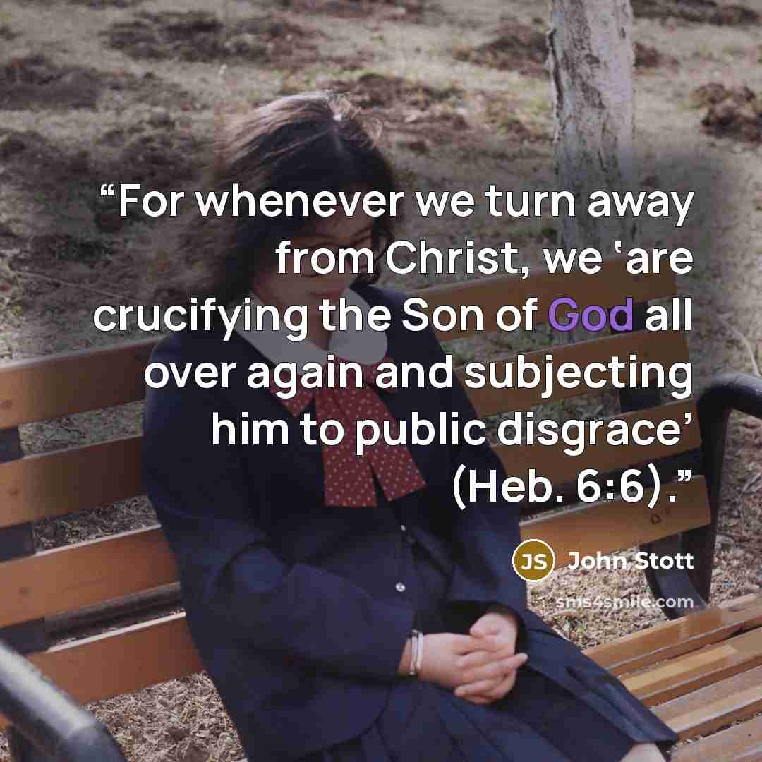 “For whenever we turn away from Christ, we ‘are crucifying the Son of God all over again and subjecting him to public disgrace’ (Heb. 6:6).” quote by John Stott