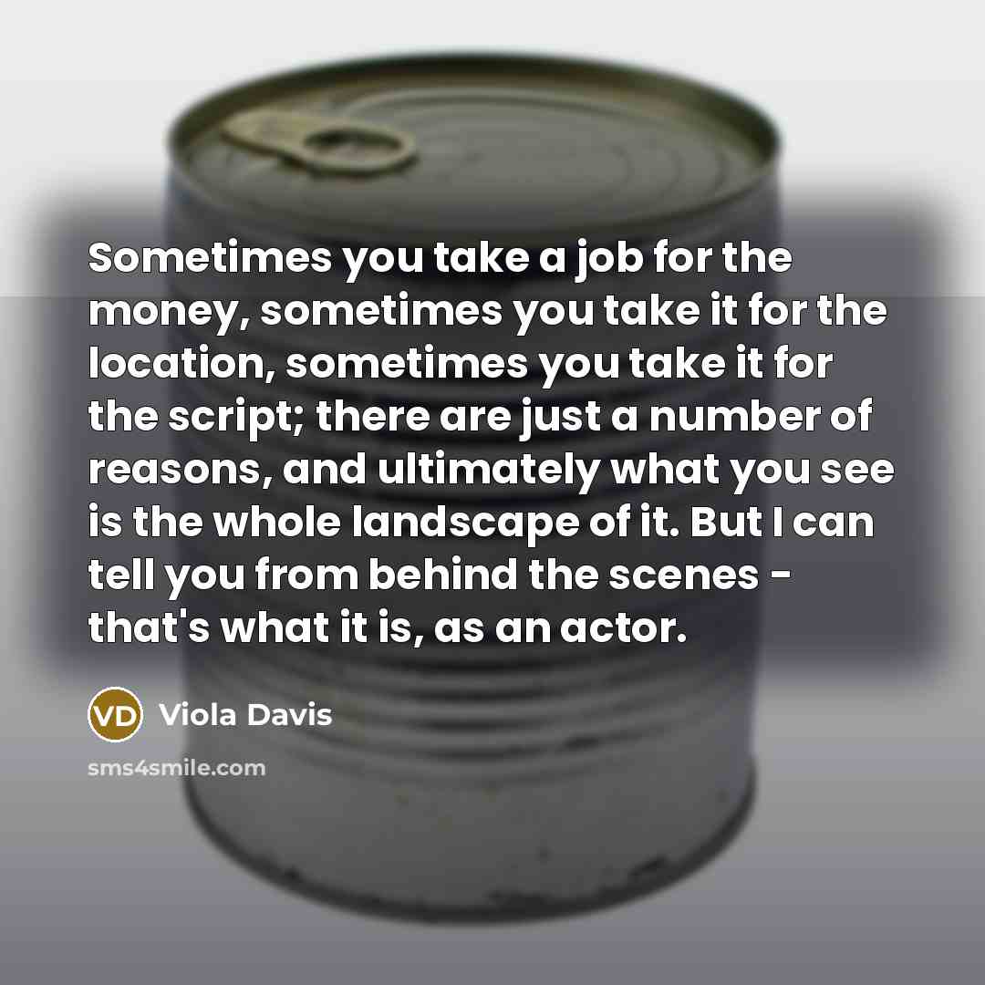“Sometimes you take a job for the money, sometimes you take it for the location, sometimes you take it for the script; there are just a number of reasons, and ultimately what you see is the whole landscape of it. But I can tell you from behind the scenes - that's what it is, as an actor.” quote by Viola Davis