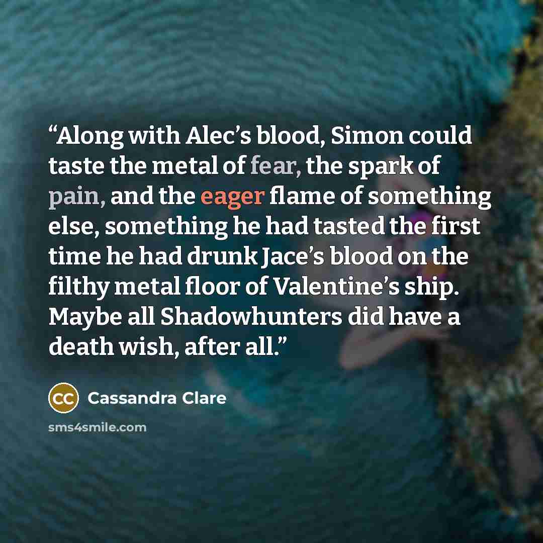 “Along with Alec’s blood, Simon could taste the metal of fear, the spark of pain, and the eager flame of something else, something he had tasted the first time he had drunk Jace’s blood on the filthy metal floor of Valentine’s ship. Maybe all Shadowhunters did have a death wish, after all.” quote by Cassandra Clare