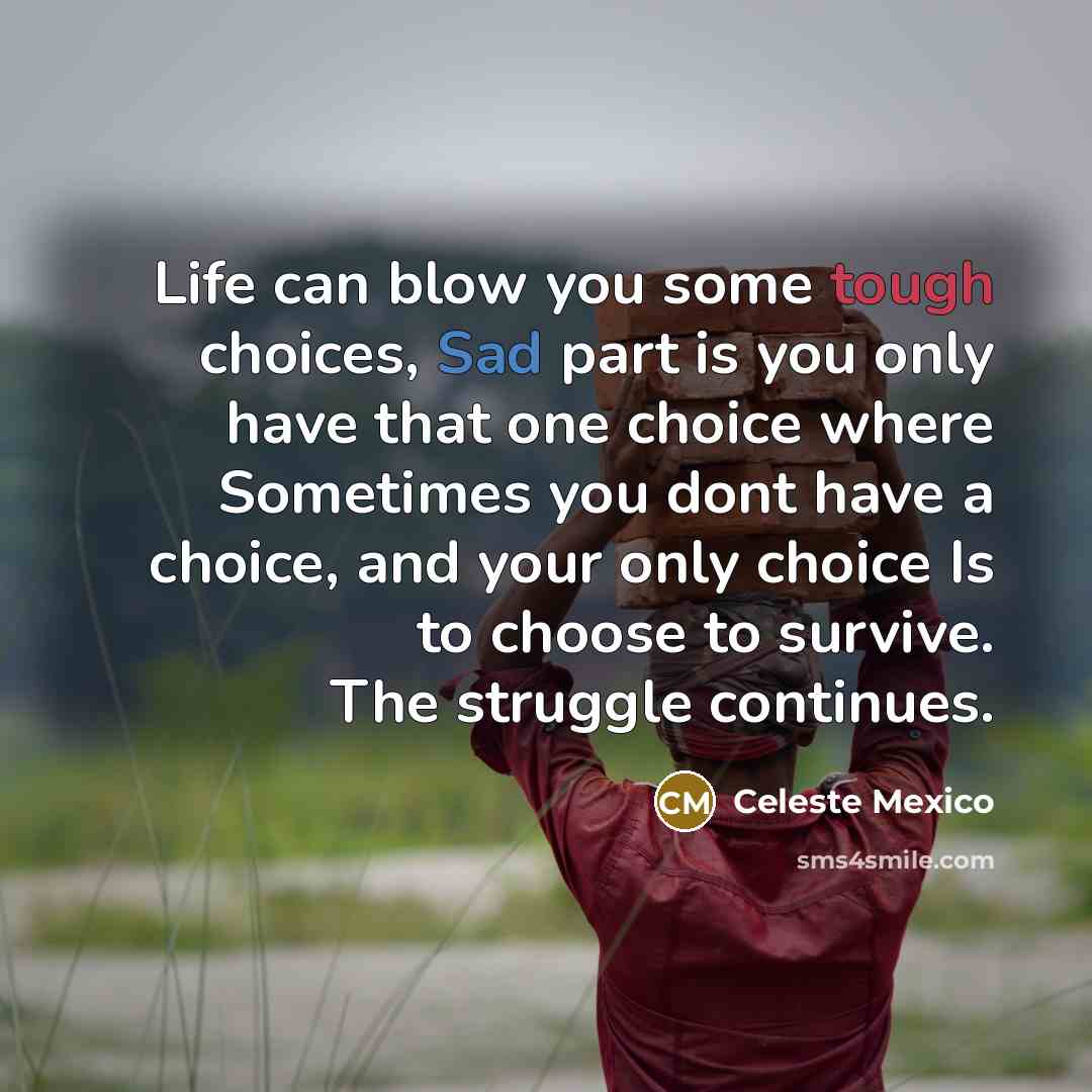 “Life can blow you some tough choices, Sad part is you only have that one choice where Sometimes you dont have a choice, and your only choice Is to choose to survive. The struggle continues.” quote by Celeste Mexico