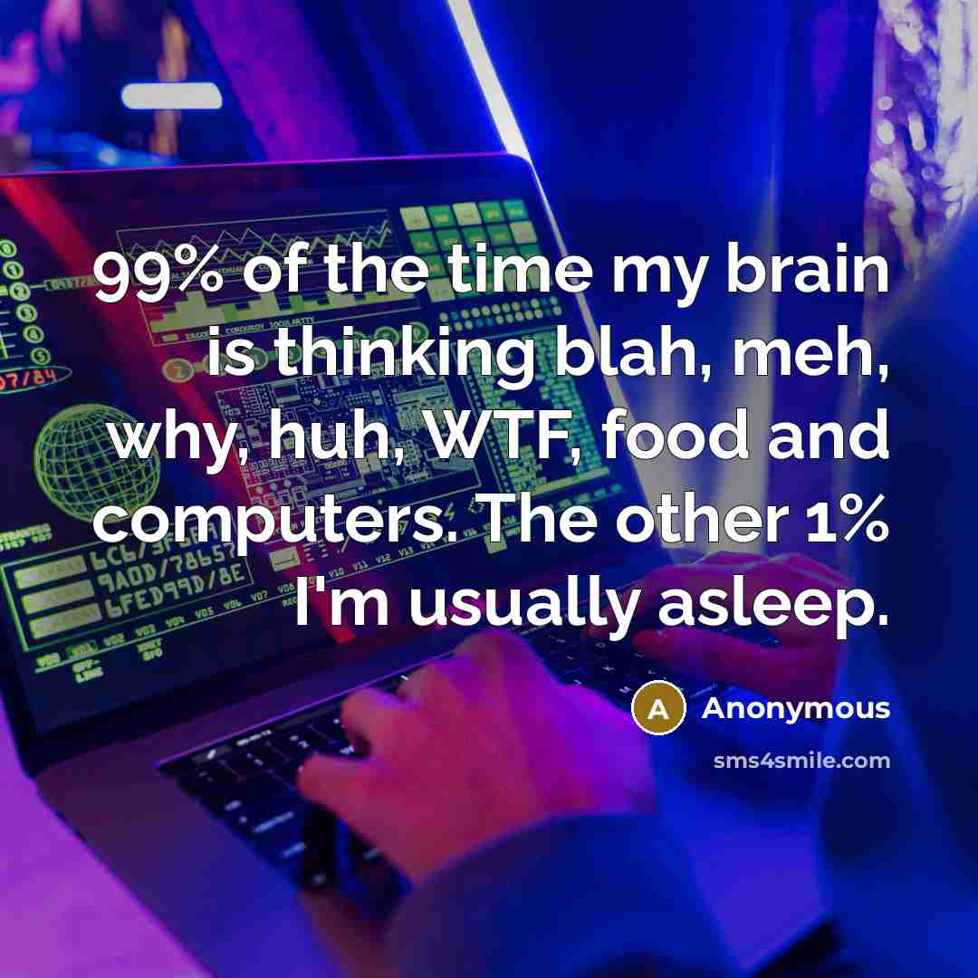 “99% of the time my brain is thinking blah, meh, why, huh, WTF, food and computers. The other 1% I'm usually asleep.” quote by Anonymous