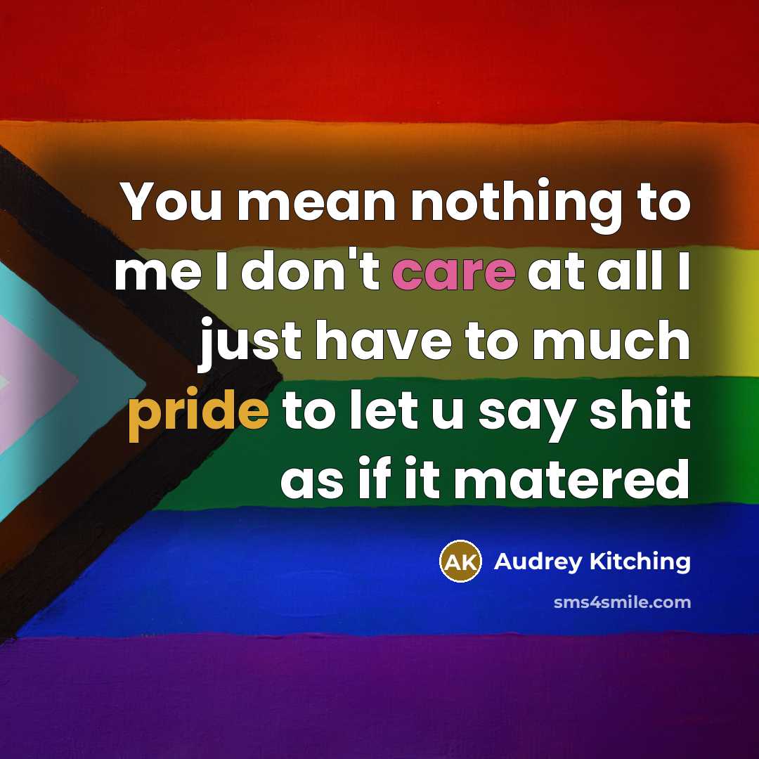 “You mean nothing to me I don't care at all I just have to much pride to let u say shit as if it matered” quote by Audrey Kitching