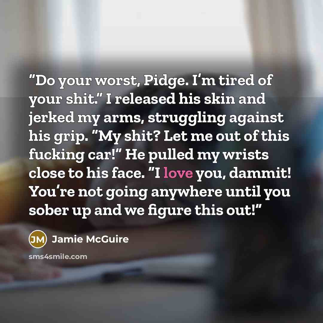 “Do your worst, Pidge. I’m tired of your shit.” I released his skin and jerked my arms, struggling against his grip. “My shit? Let me out of this fucking car!” He pulled my wrists close to his face. “I love you, dammit! You’re not going anywhere until you sober up and we figure this out!” quote by Jamie McGuire