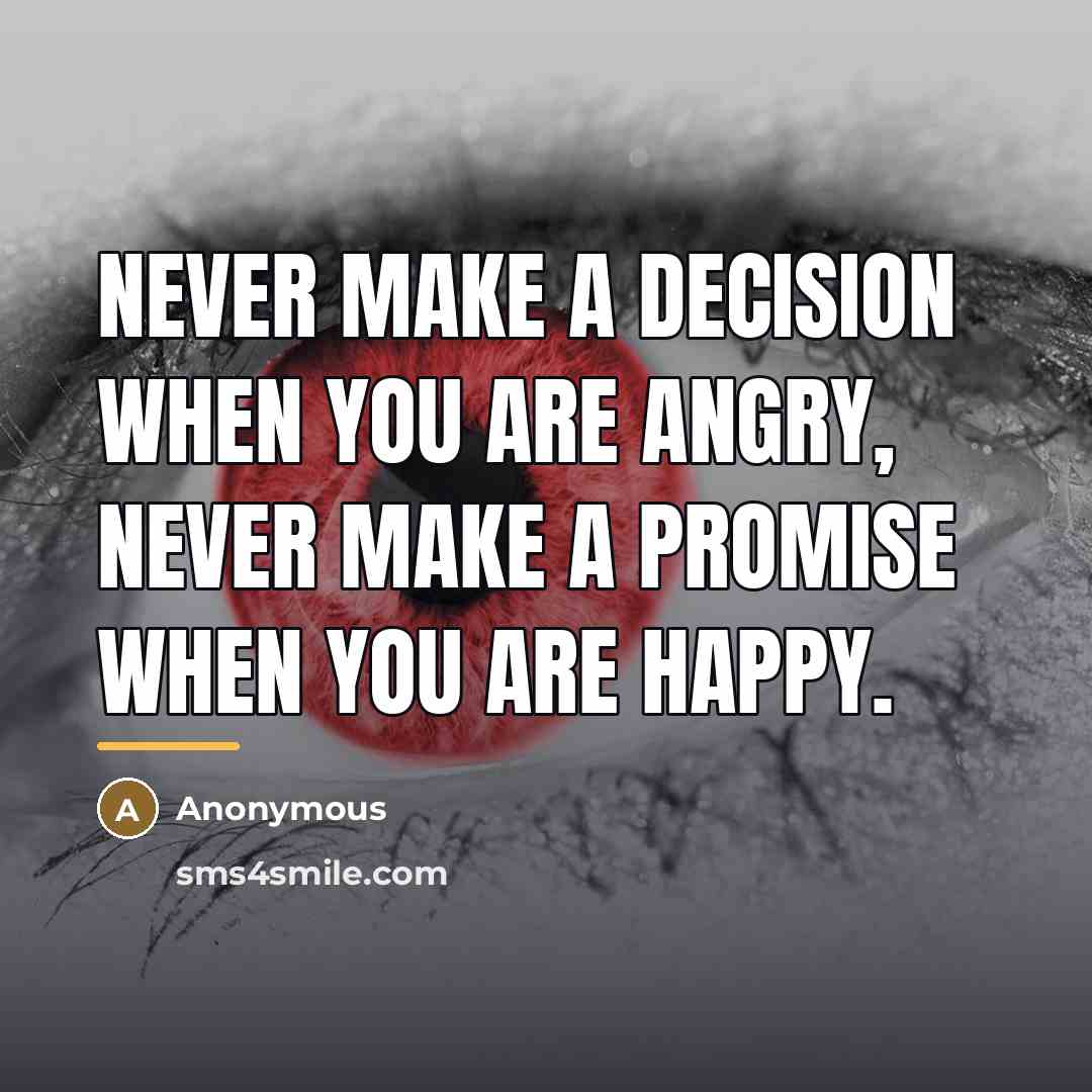 “Never make a decision when you are angry, never make…” quote by Anonymous