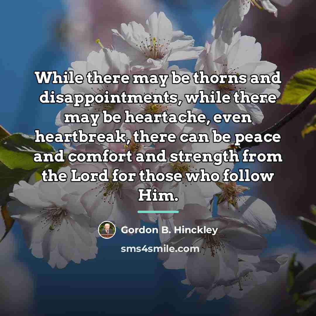 “While there may be thorns and disappointments, while there may…” quote by Gordon B. Hinckley