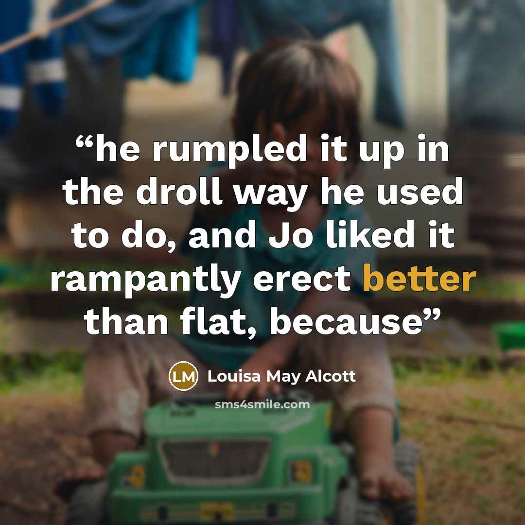 “he rumpled it up in the droll way he used to do, and Jo liked it rampantly erect better than flat, because” quote by Louisa May Alcott