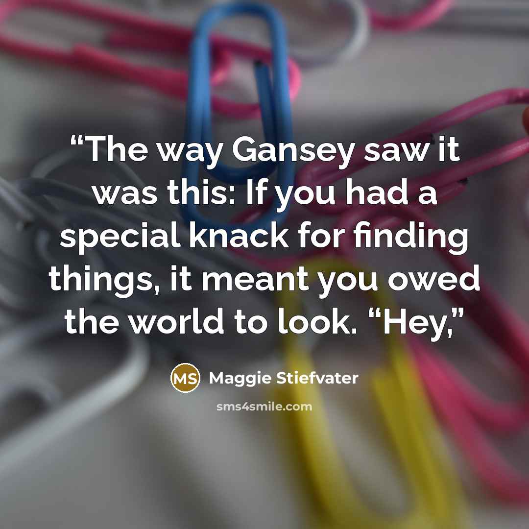 “The way Gansey saw it was this: If you had a special knack for finding things, it meant you owed the world to look. “Hey,” quote by Maggie Stiefvater