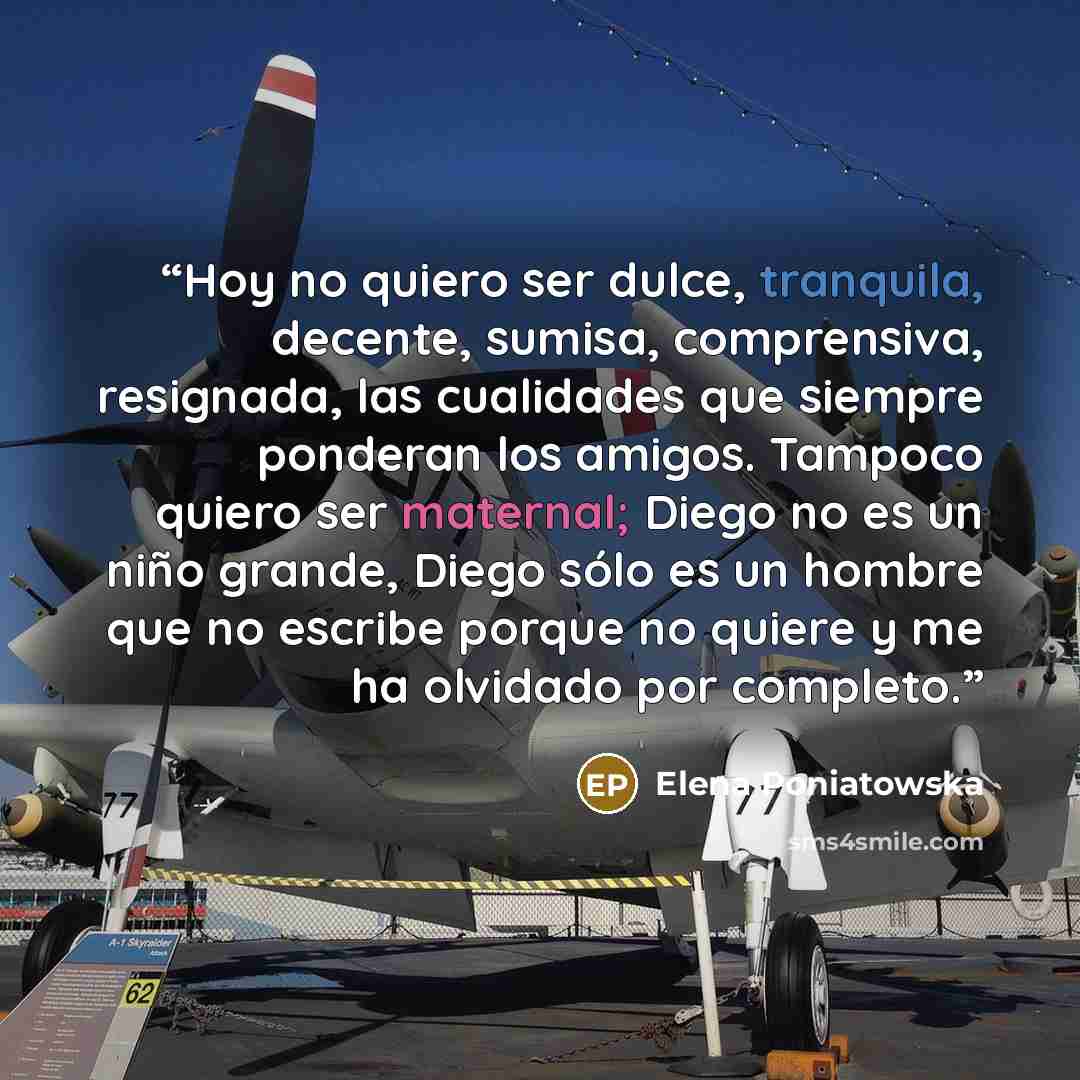 “Hoy no quiero ser dulce, tranquila, decente, sumisa, comprensiva, resignada, las cualidades que siempre ponderan los amigos. Tampoco quiero ser maternal; Diego no es un niño grande, Diego sólo es un hombre que no escribe porque no quiere y me ha olvidado por completo.” quote by Elena Poniatowska