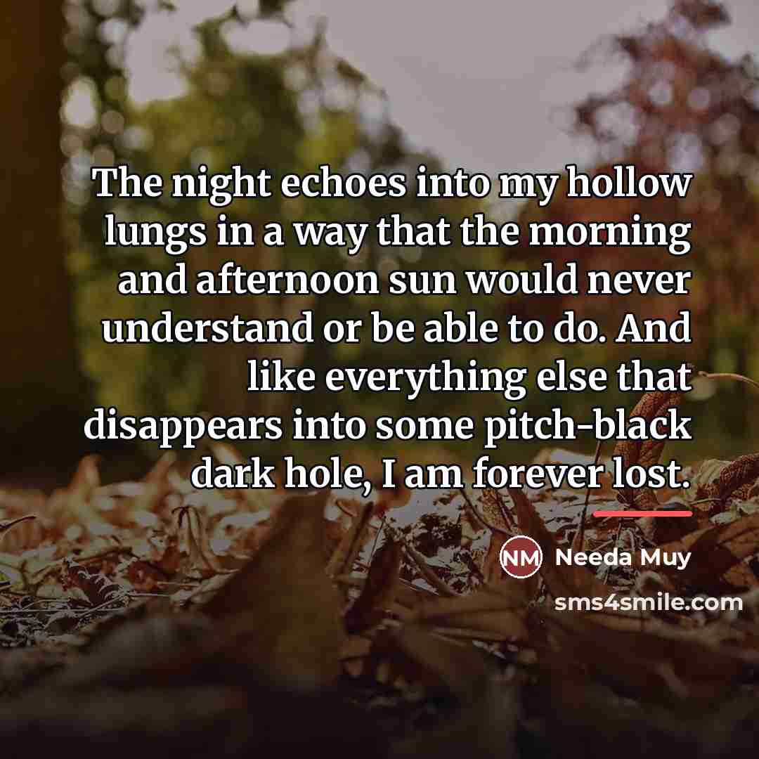 “The night echoes into my hollow lungs in a way…” quote by Needa Muy