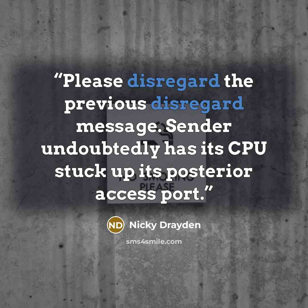 “Please disregard the previous disregard message. Sender undoubtedly has its CPU stuck up its posterior access port.” quote by Nicky Drayden