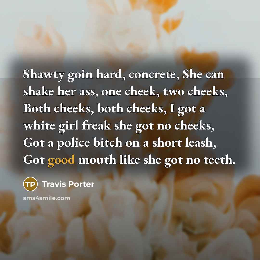 “Shawty goin hard, concrete, She can shake her ass, one cheek, two cheeks, Both cheeks, both cheeks, I got a white girl freak she got no cheeks, Got a police bitch on a short leash, Got good mouth like she got no teeth.” quote by Travis Porter