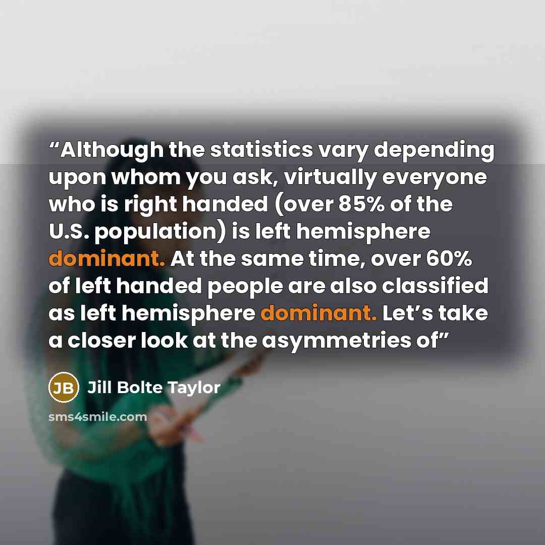 “Although the statistics vary depending upon whom you ask, virtually everyone who is right handed (over 85% of the U.S. population) is left hemisphere dominant. At the same time, over 60% of left handed people are also classified as left hemisphere dominant. Let’s take a closer look at the…” quote by Jill Bolte Taylor