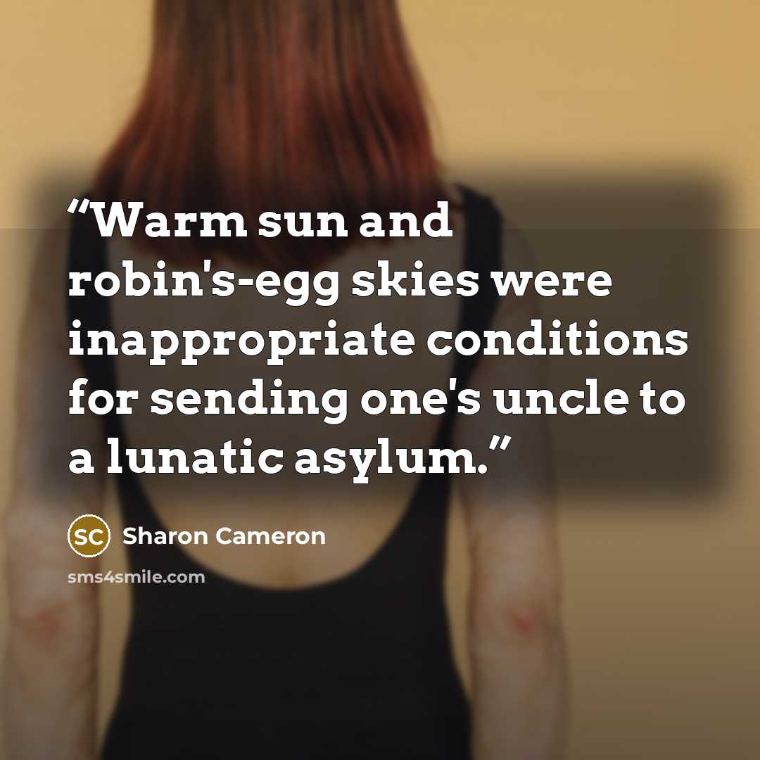 “Warm sun and robin's-egg skies were inappropriate conditions for sending one's uncle to a lunatic asylum.” quote by Sharon Cameron