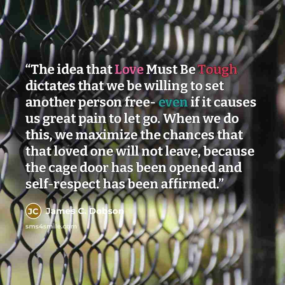 “The idea that Love Must Be Tough dictates that we be willing to set another person free- even if it causes us great pain to let go. When we do this, we maximize the chances that that loved one will not leave, because the cage door has been opened and self-respect has been affirmed.” quote by James C. Dobson
