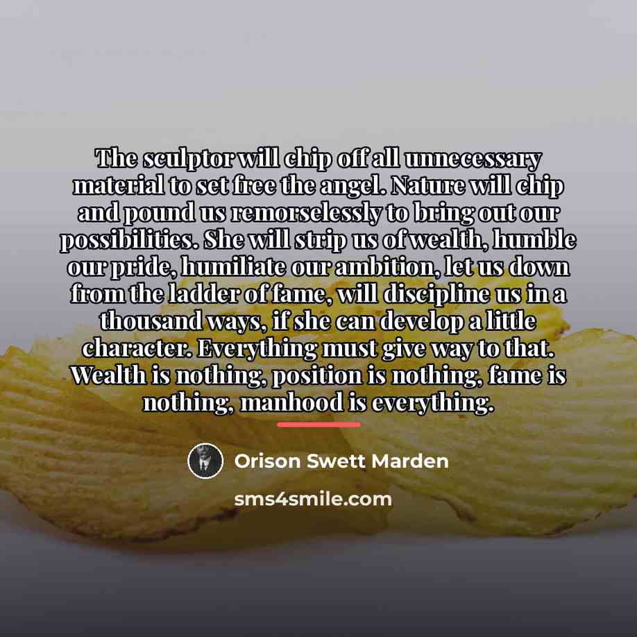 “The sculptor will chip off all unnecessary material to set…” quote by Orison Swett Marden