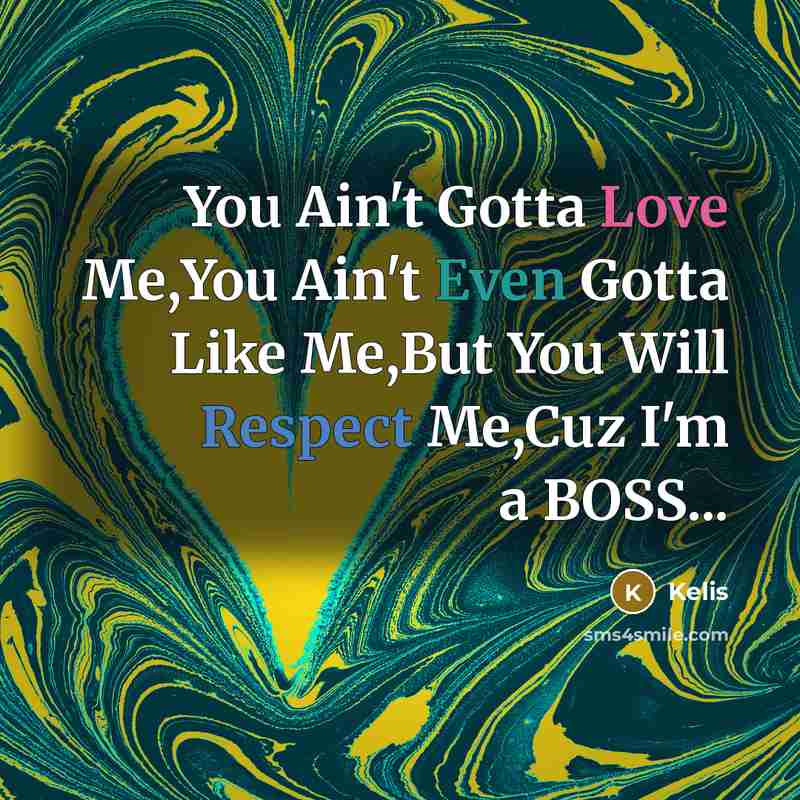 “You Ain't Gotta Love Me,You Ain't Even Gotta Like Me,But You Will Respect Me,Cuz I'm a BOSS...” quote by Kelis