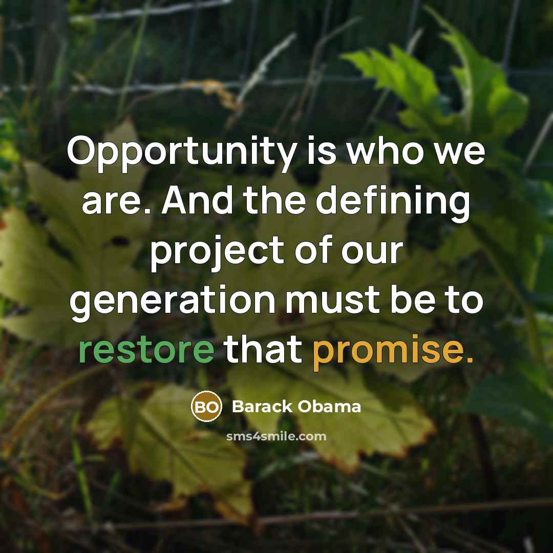 “Opportunity is who we are. And the defining project of our generation must be to restore that promise.” quote by Barack Obama