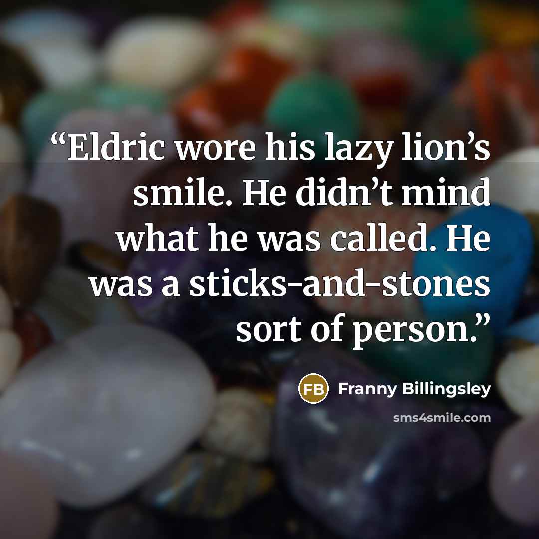 “Eldric wore his lazy lion’s smile. He didn’t mind what he was called. He was a sticks-and-stones sort of person.” quote by Franny Billingsley