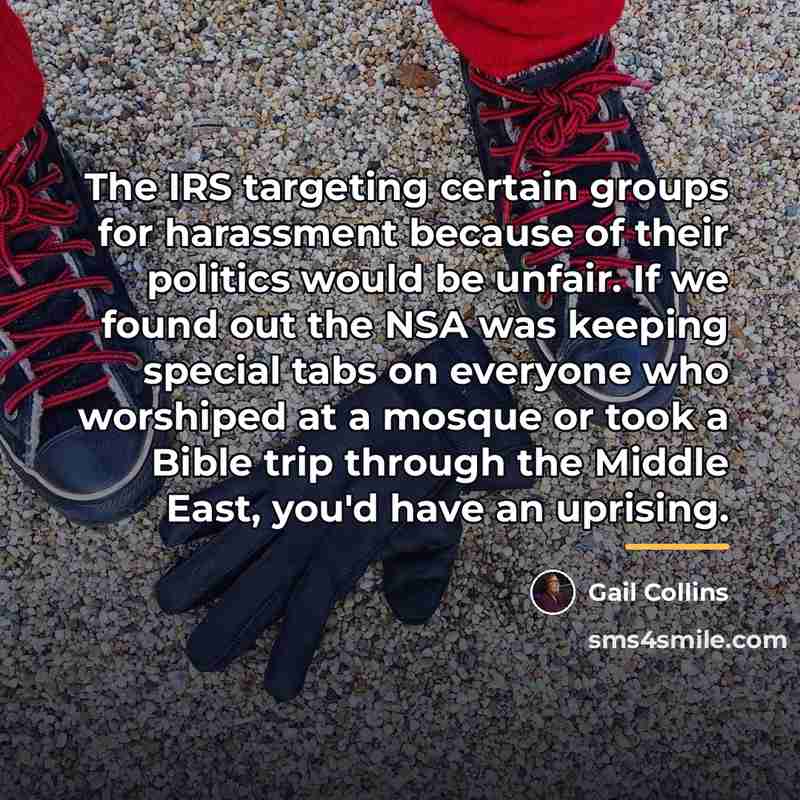 “The IRS targeting certain groups for harassment because of their…” quote by Gail Collins