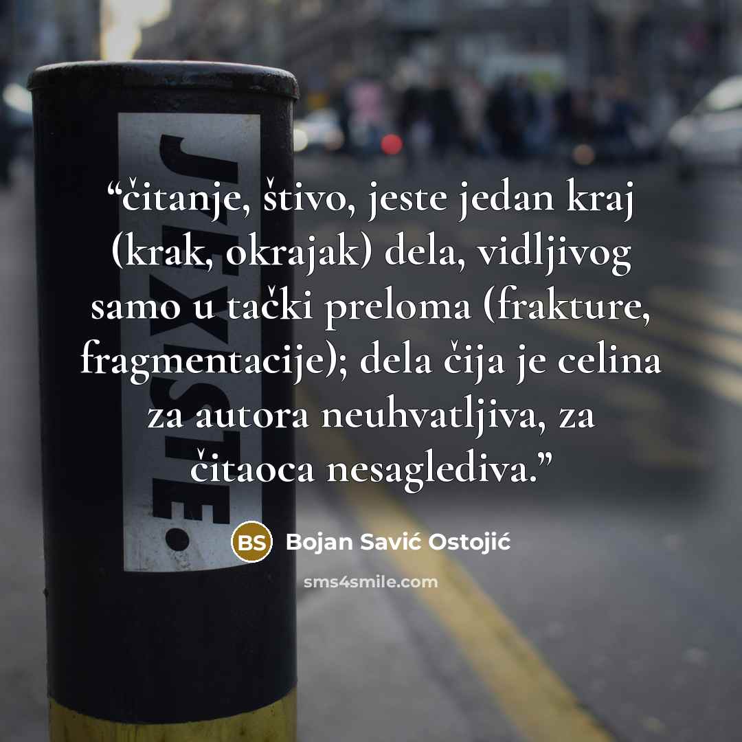 “čitanje, štivo, jeste jedan kraj (krak, okrajak) dela, vidljivog samo u tački preloma (frakture, fragmentacije); dela čija je celina za autora neuhvatljiva, za čitaoca nesaglediva.” quote by Bojan Savić Ostojić