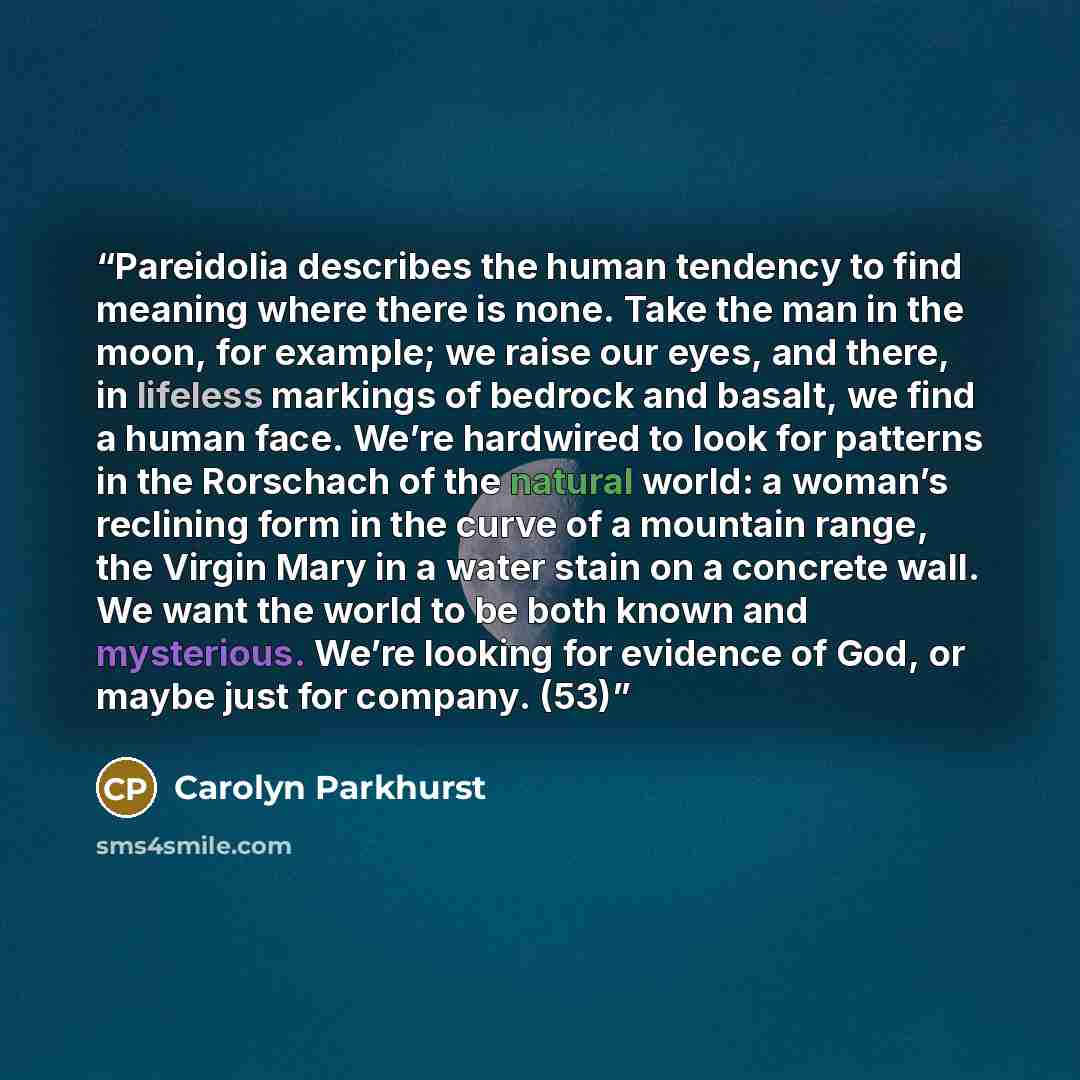 “Pareidolia describes the human tendency to find meaning where there is none. Take the man in the moon, for example; we raise our eyes, and there, in lifeless markings of bedrock and basalt, we find a human face. We’re hardwired to look for patterns in the Rorschach of the natural world: a woman’s…” quote by Carolyn Parkhurst