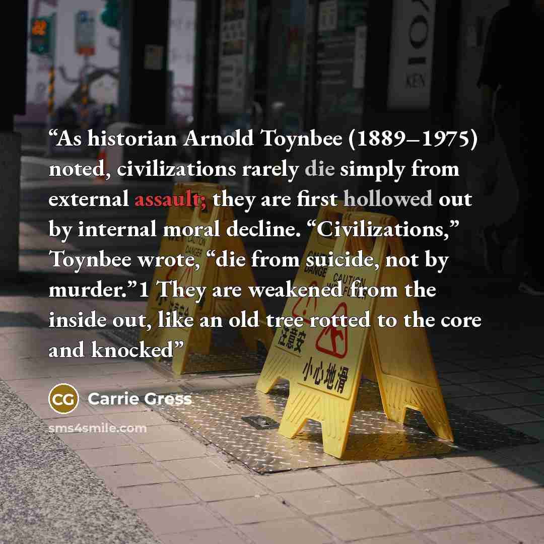 “As historian Arnold Toynbee (1889–1975) noted, civilizations rarely die simply from external assault; they are first hollowed out by internal moral decline. “Civilizations,” Toynbee wrote, “die from suicide, not by murder.”1 They are weakened from the inside out, like an old tree rotted to the…” quote by Carrie Gress