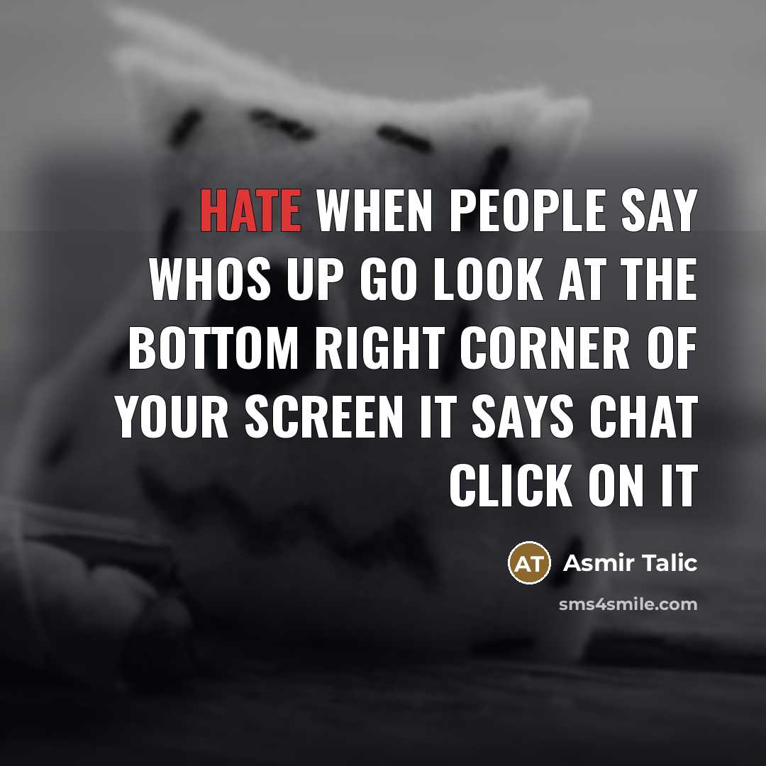“Hate when people say whos up go look at the bottom right corner of your screen it says chat click on it” quote by Asmir Talic