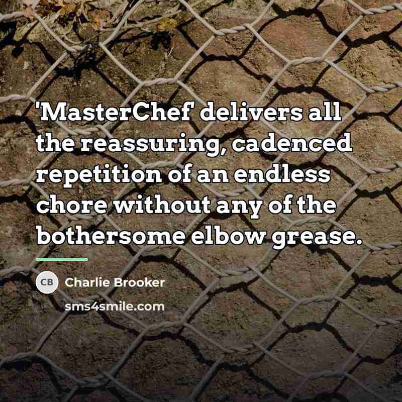 “'MasterChef' delivers all the reassuring, cadenced repetition of an endless…” quote by Charlie Brooker