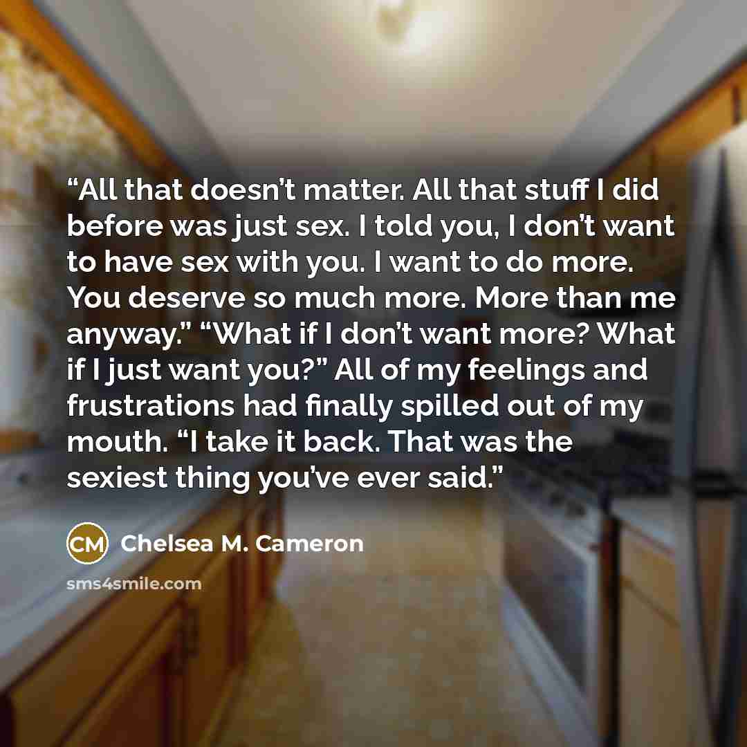 “All that doesn’t matter. All that stuff I did before was just sex. I told you, I don’t want to have sex with you. I want to do more. You deserve so much more. More than me anyway.” “What if I don’t want more? What if I just want you?” All of my feelings and frustrations had finally spilled out of…” quote by Chelsea M. Cameron
