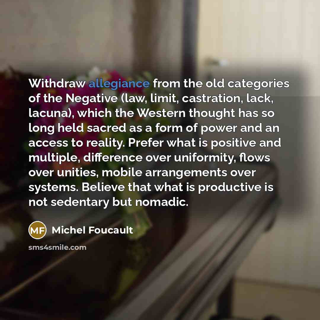 “Withdraw allegiance from the old categories of the Negative (law,…” quote by Michel Foucault