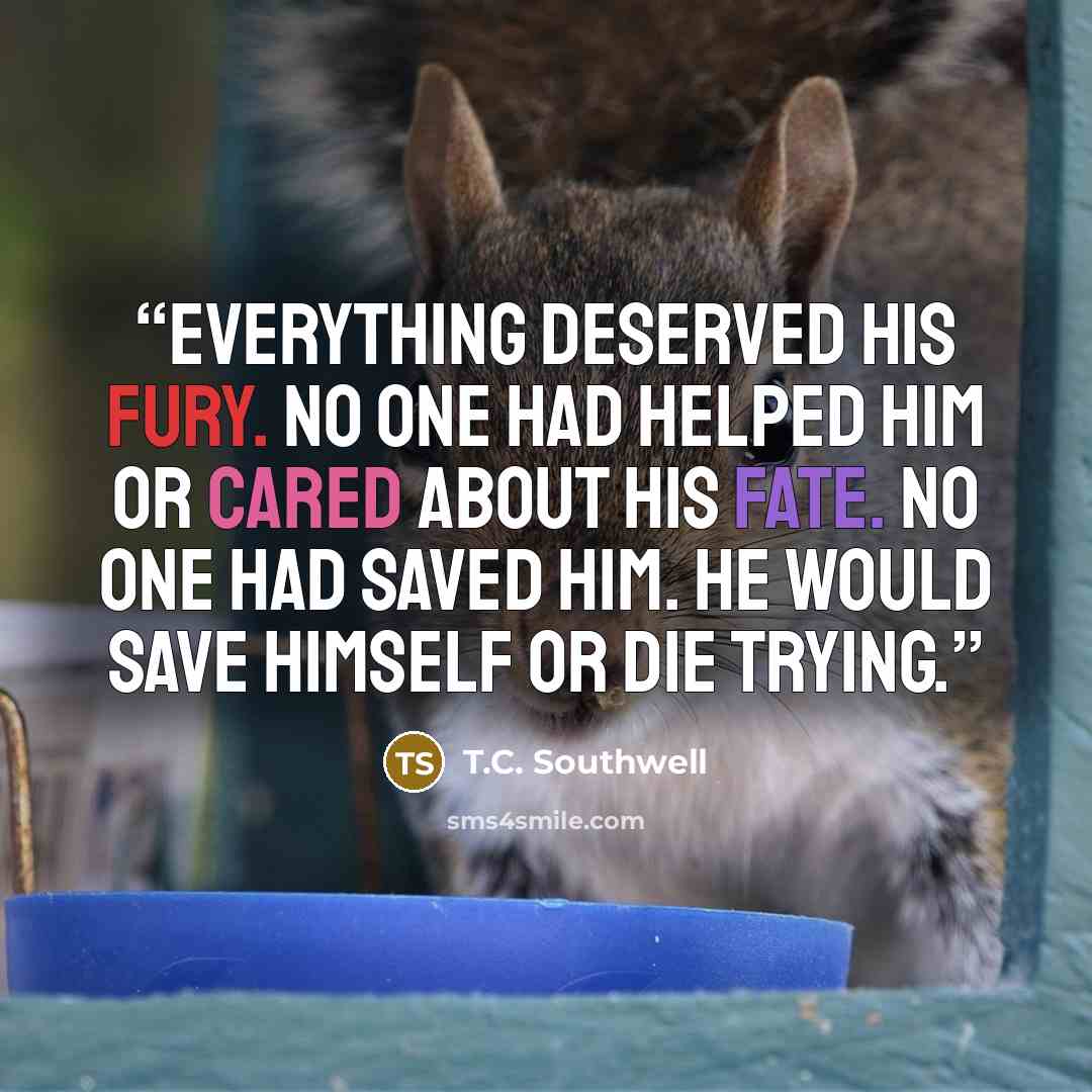 “Everything deserved his fury. No one had helped him or cared about his fate. No one had saved him. He would save himself or die trying.” quote by T.C. Southwell