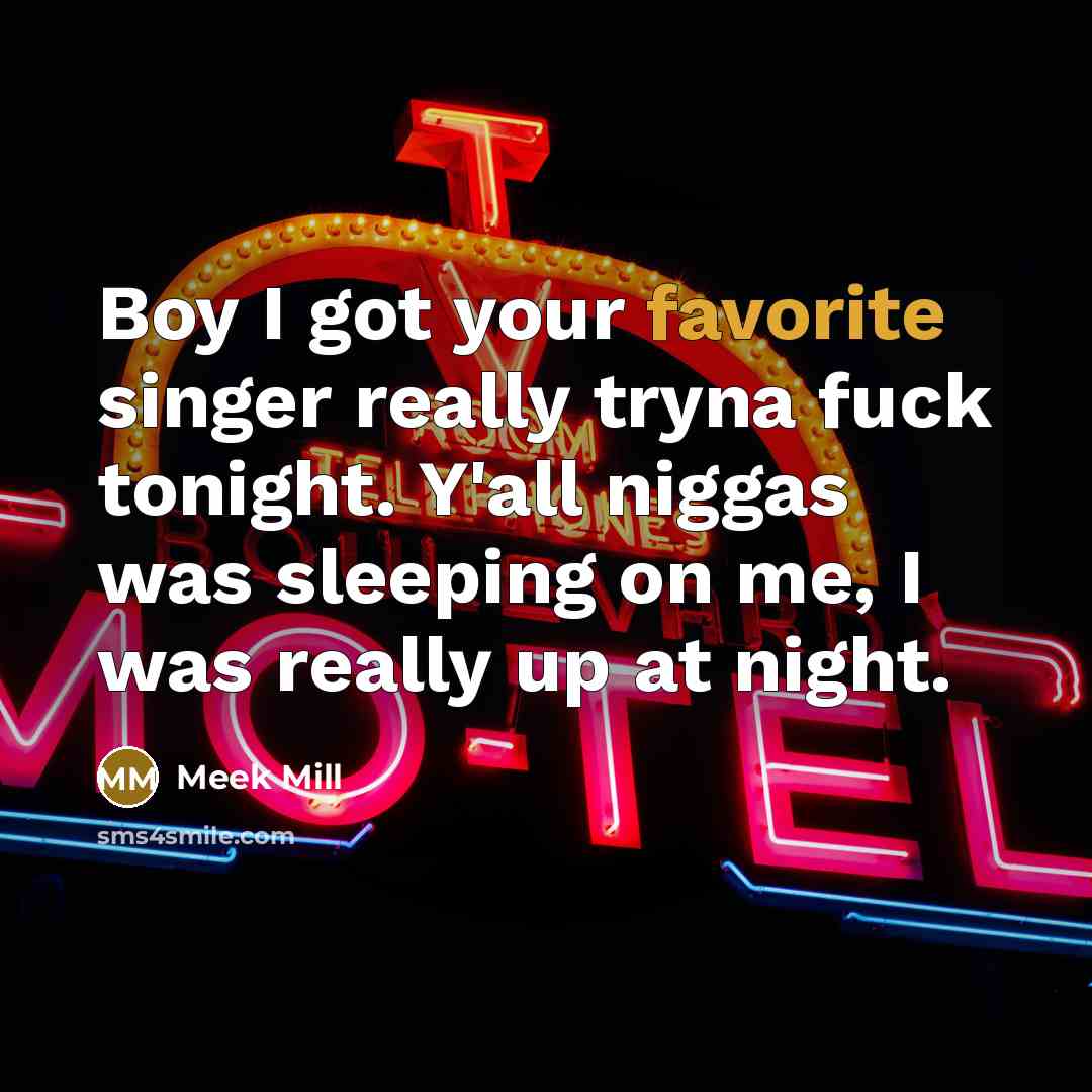 “Boy I got your favorite singer really tryna fuck tonight. Y'all niggas was sleeping on me, I was really up at night.” quote by Meek Mill