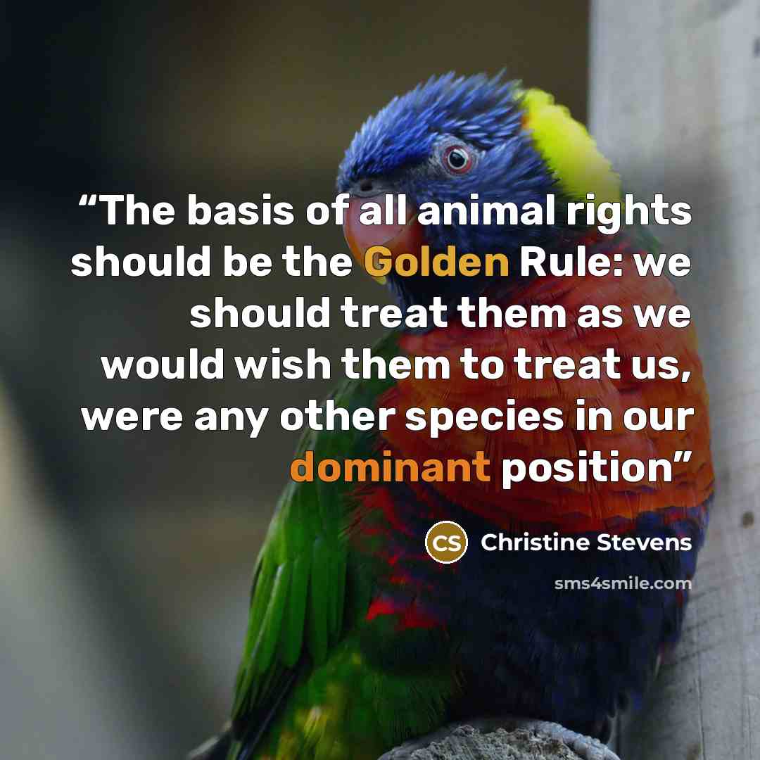 “The basis of all animal rights should be the Golden Rule: we should treat them as we would wish them to treat us, were any other species in our dominant position” quote by Christine Stevens