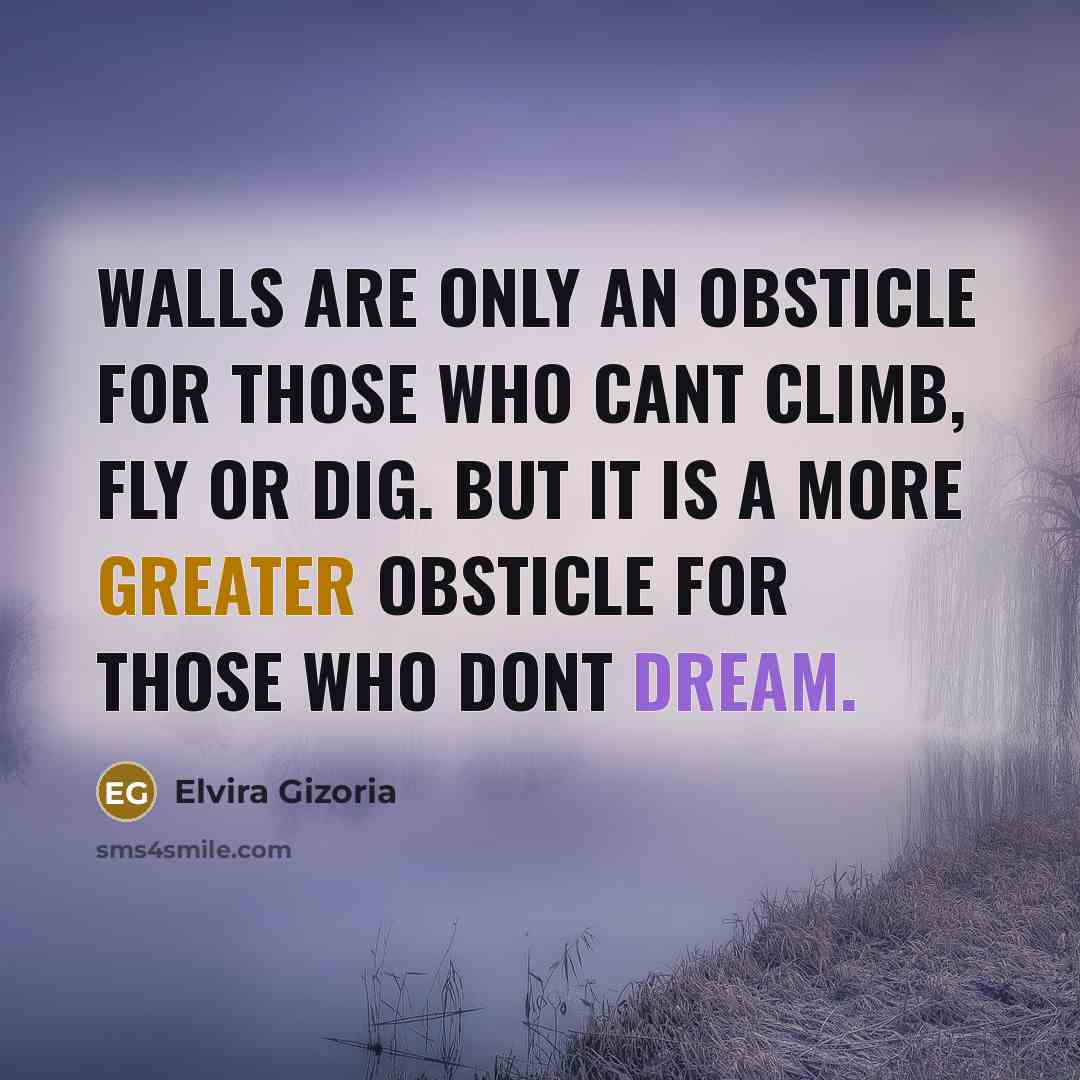 “Walls are only an obsticle for those who cant climb, fly or dig. But it is a more greater obsticle for those who dont dream.” quote by Elvira Gizoria