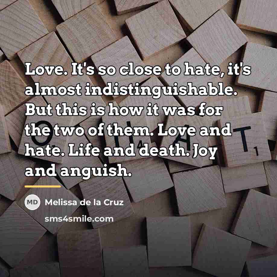 “Love. It's so close to hate, it's almost indistinguishable. But…” quote by Melissa de la Cruz