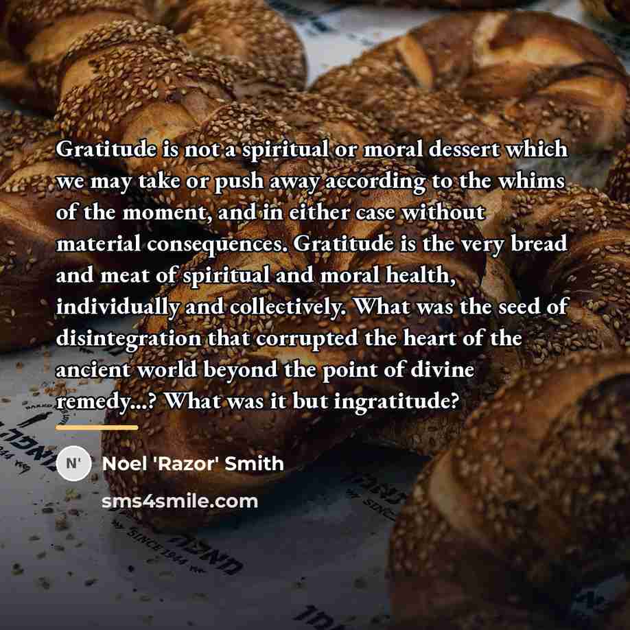 “Gratitude is not a spiritual or moral dessert which we…” quote by Noel 'Razor' Smith
