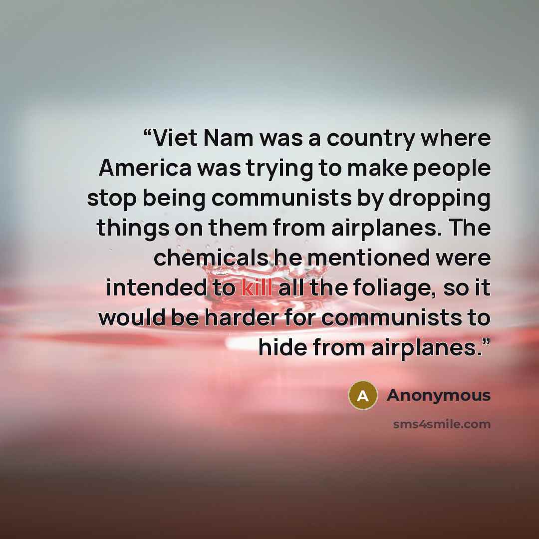 “Viet Nam was a country where America was trying to make people stop being communists by dropping things on them from airplanes. The chemicals he mentioned were intended to kill all the foliage, so it would be harder for communists to hide from airplanes.” quote by Anonymous