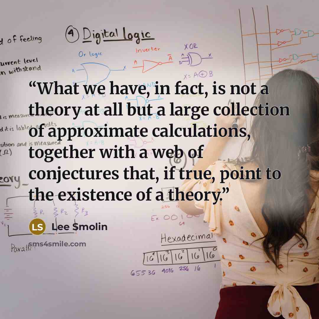 “What we have, in fact, is not a theory at all but a large collection of approximate calculations, together with a web of conjectures that, if true, point to the existence of a theory.” quote by Lee Smolin