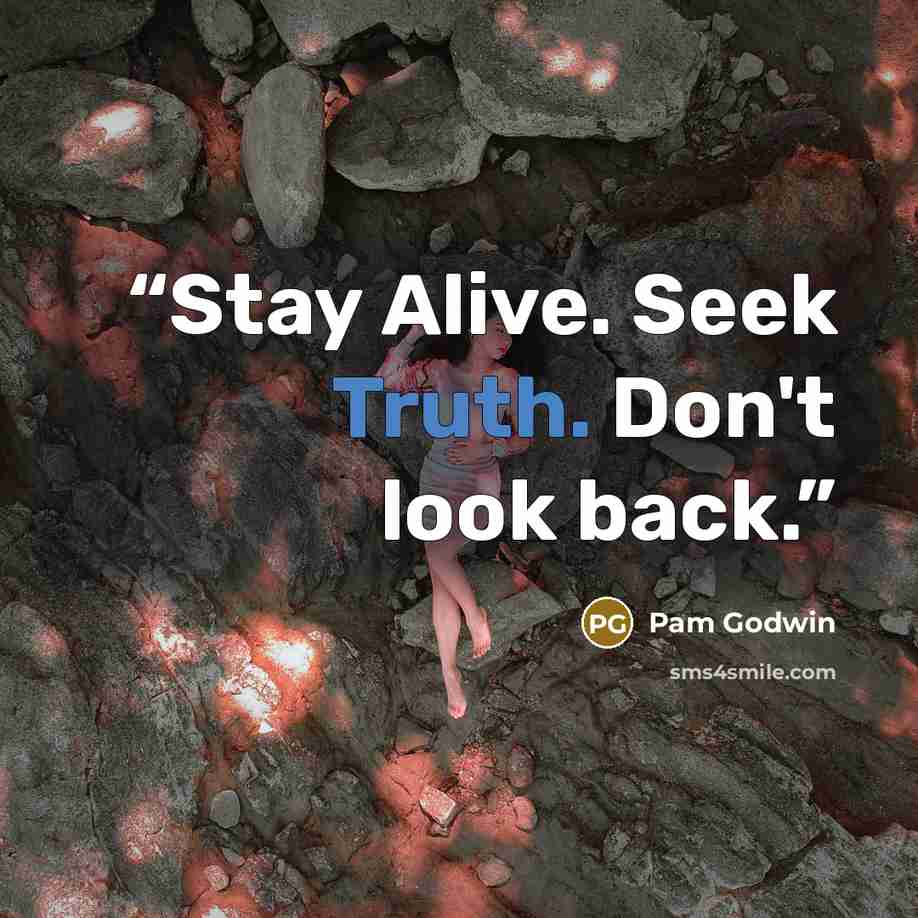 “Stay Alive. Seek Truth. Don't look back.” quote by Pam Godwin