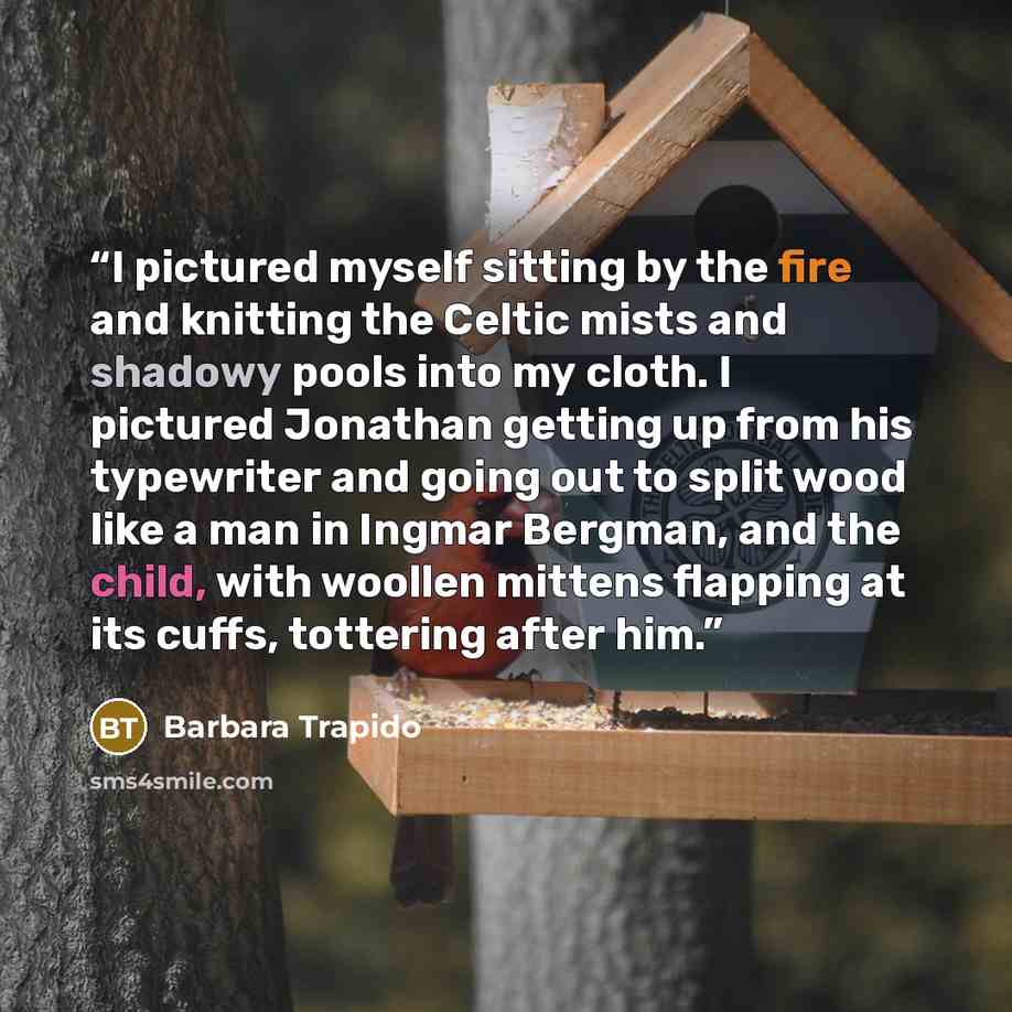 “I pictured myself sitting by the fire and knitting the Celtic mists and shadowy pools into my cloth. I pictured Jonathan getting up from his typewriter and going out to split wood like a man in Ingmar Bergman, and the child, with woollen mittens flapping at its cuffs, tottering after him.” quote by Barbara Trapido