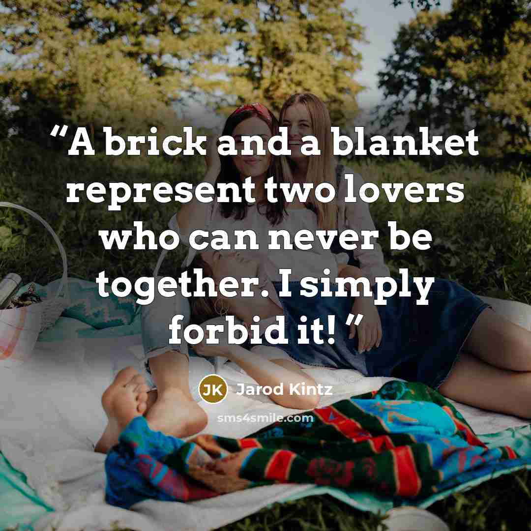 “A brick and a blanket represent two lovers who can never be together. I simply forbid it!” quote by Jarod Kintz