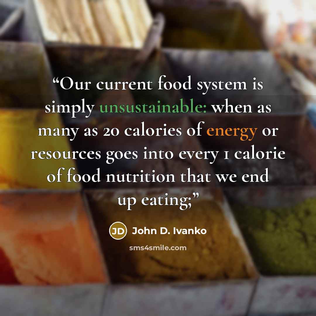 “Our current food system is simply unsustainable: when as many as 20 calories of energy or resources goes into every 1 calorie of food nutrition that we end up eating;” quote by John D. Ivanko