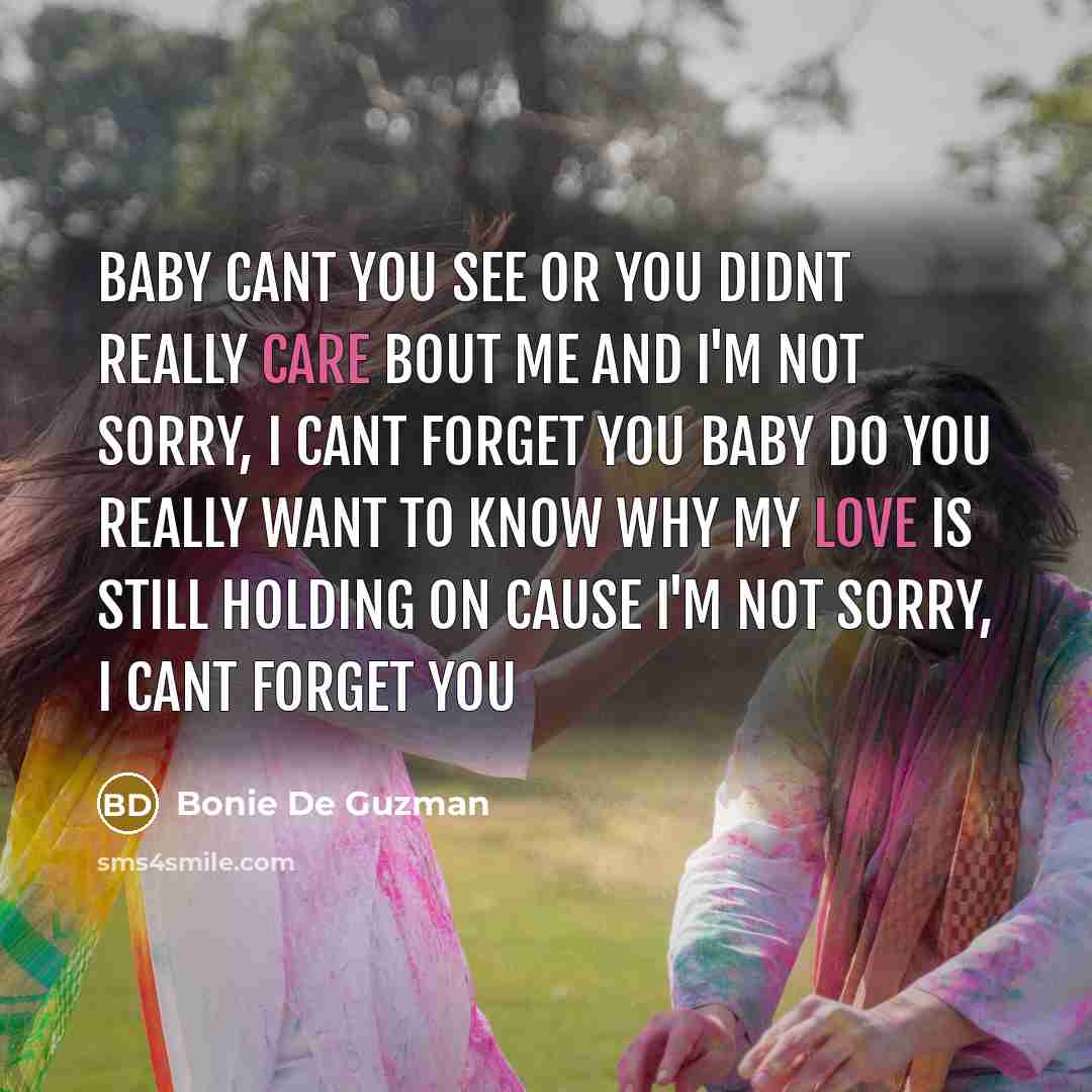“Baby cant you see or you didnt really care bout me and I'm not sorry, I cant forget you baby do you really want to know why my love is still holding on cause I'm not sorry, I cant forget you” quote by Bonie De Guzman