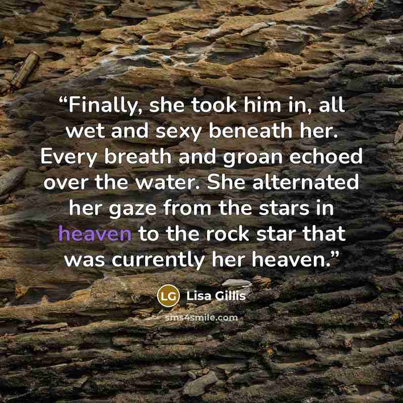 “Finally, she took him in, all wet and sexy beneath her. Every breath and groan echoed over the water. She alternated her gaze from the stars in heaven to the rock star that was currently her heaven.” quote by Lisa Gillis