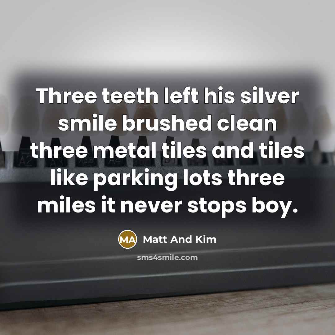 “Three teeth left his silver smile brushed clean three metal tiles and tiles like parking lots three miles it never stops boy.” quote by Matt And Kim