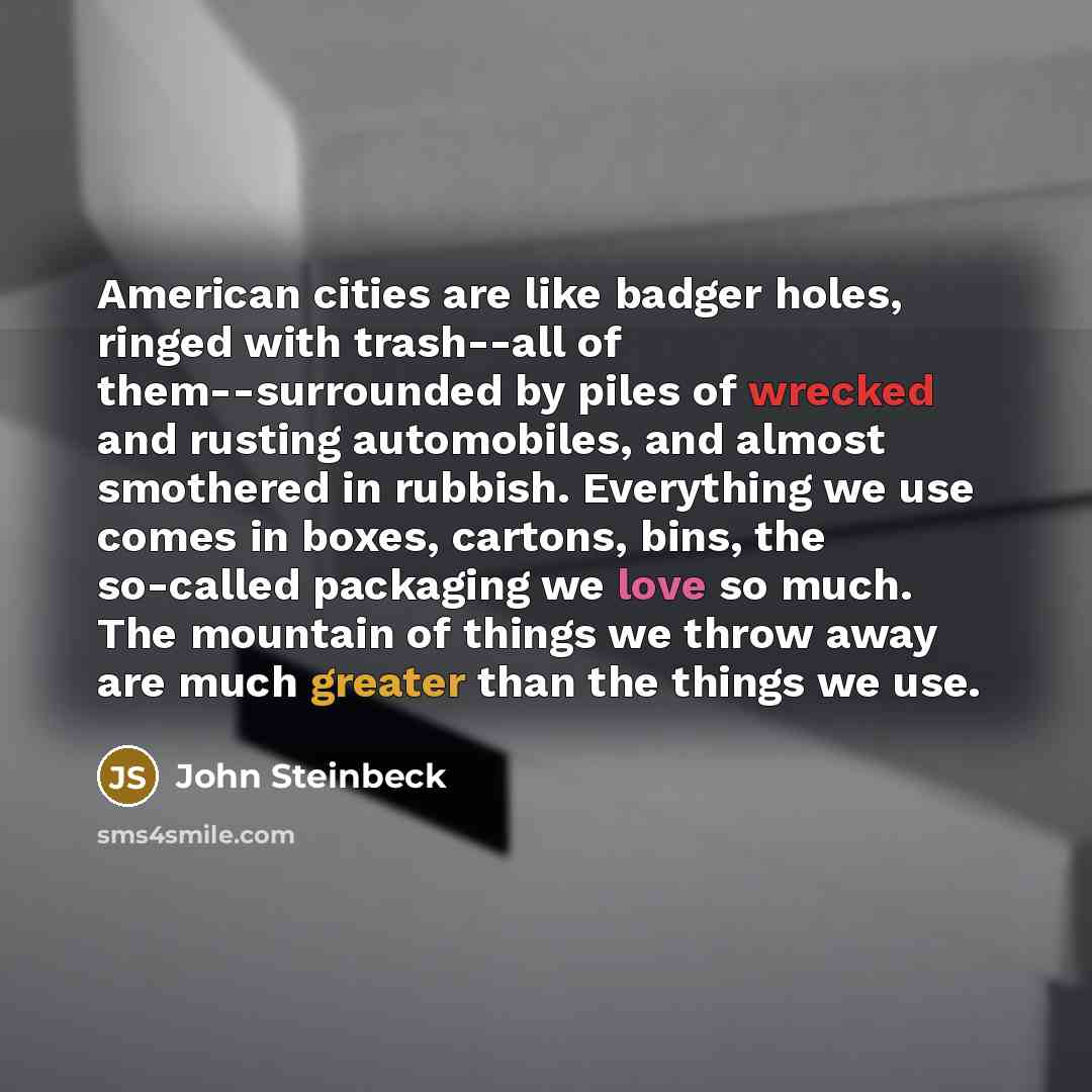 “American cities are like badger holes, ringed with trash--all of them--surrounded by piles of wrecked and rusting automobiles, and almost smothered in rubbish. Everything we use comes in boxes, cartons, bins, the so-called packaging we love so much. The mountain of things we throw away are much…” quote by John Steinbeck