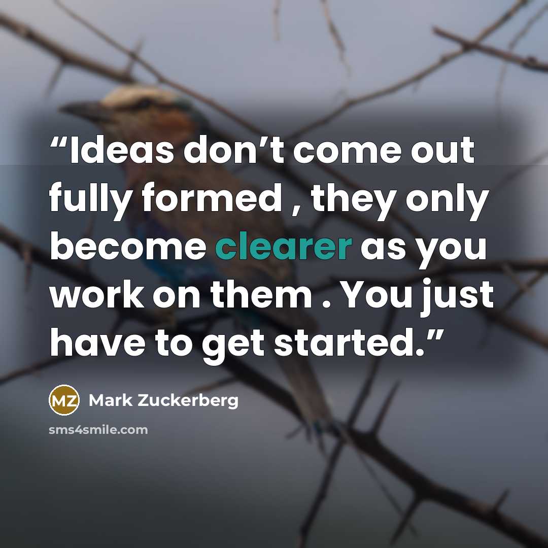 “Ideas don’t come out fully formed , they only become clearer as you work on them . You just have to get started.” quote by Mark Zuckerberg