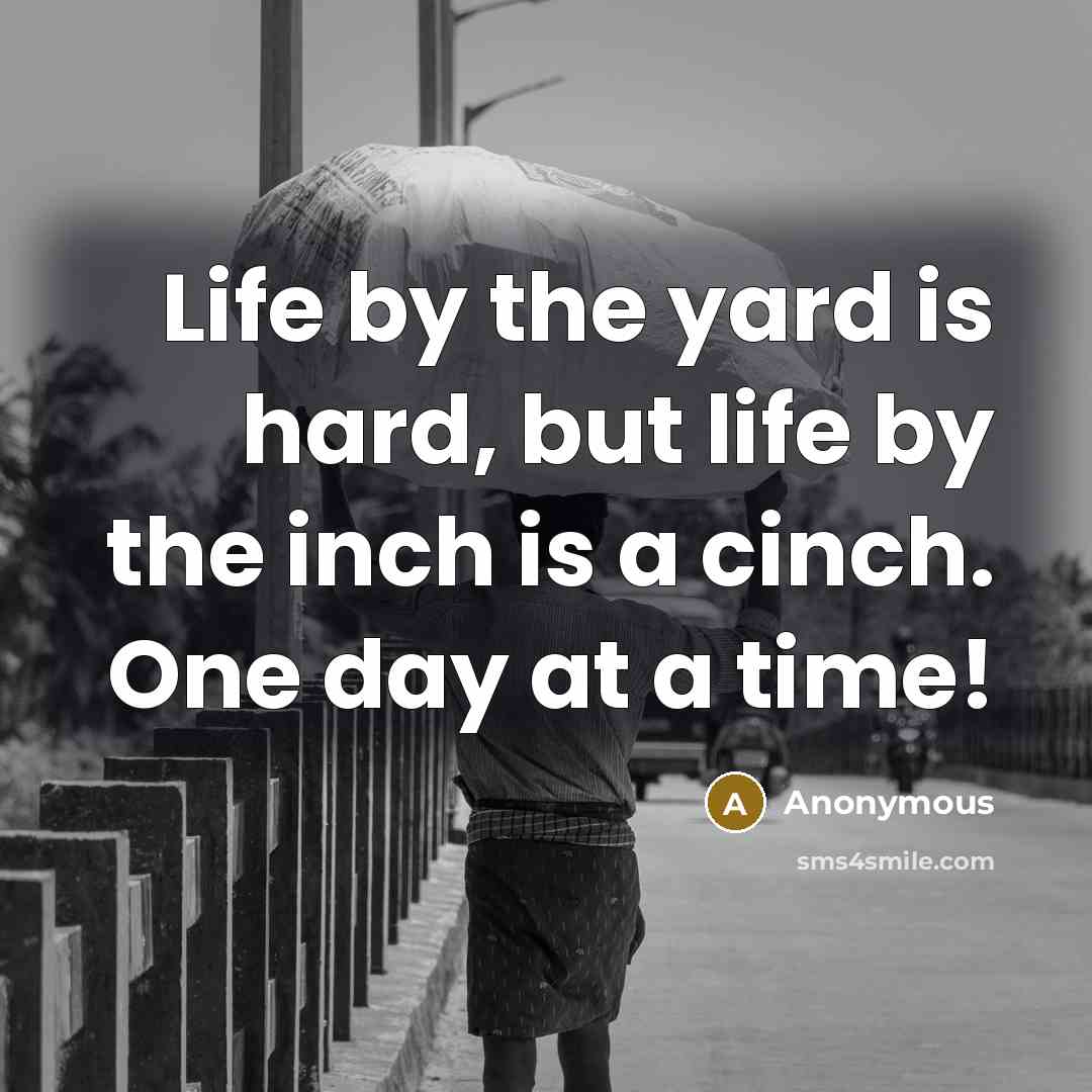 “Life by the yard is hard, but life by the inch is a cinch. One day at a time!” quote by Anonymous