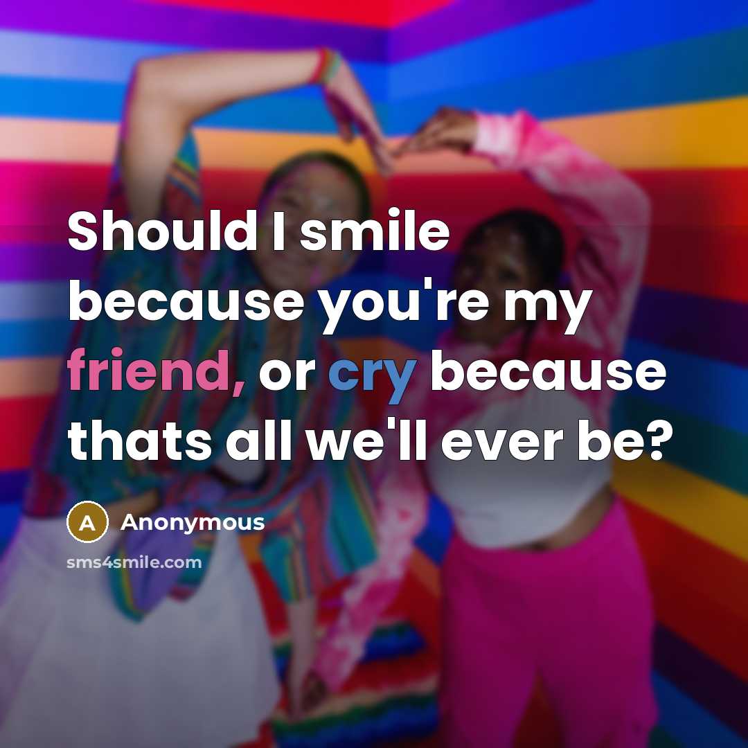 “Should I smile because you're my friend, or cry because thats all we'll ever be?” quote by Anonymous