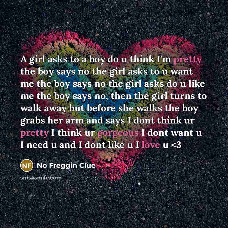 “A girl asks to a boy do u think I'm pretty the boy says no the girl asks to u want me the boy says no the girl asks do u like me the boy says no, then the girl turns to walk away but before she walks the boy grabs her arm and says I dont think ur pretty I think ur gorgeous I dont want u I need u…” quote by No Freggin Clue